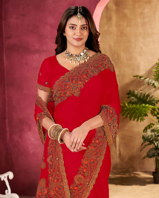 Multi Threaded Embroidered Satin Saree