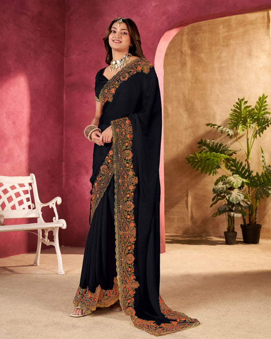 Multi Threaded Embroidered Satin Saree