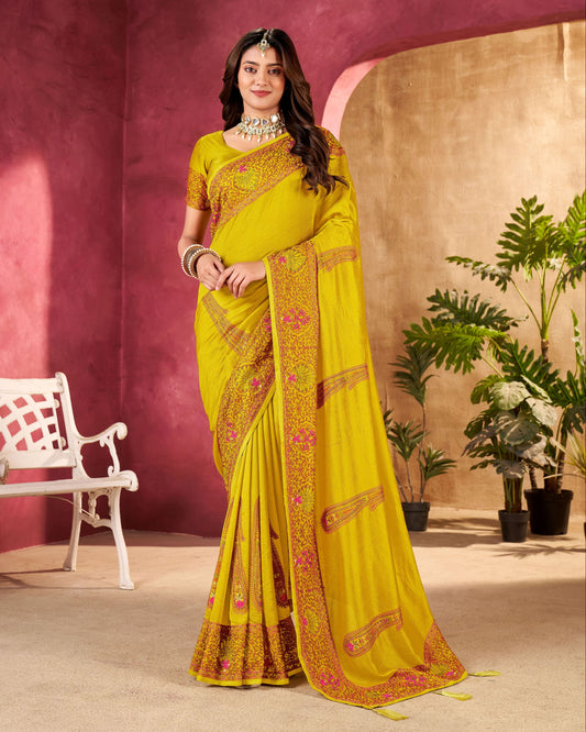 Kashmiri Multi Threaded Embroidered Vichitra Saree