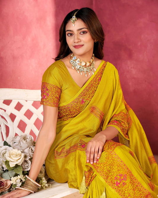 Kashmiri Multi Threaded Embroidered Vichitra Saree