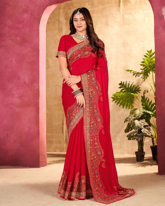 Satin Multi Threaded Embroidered Saree