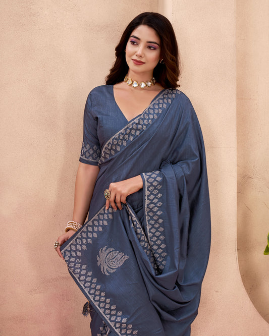 Blue Stonework Vichitra Saree